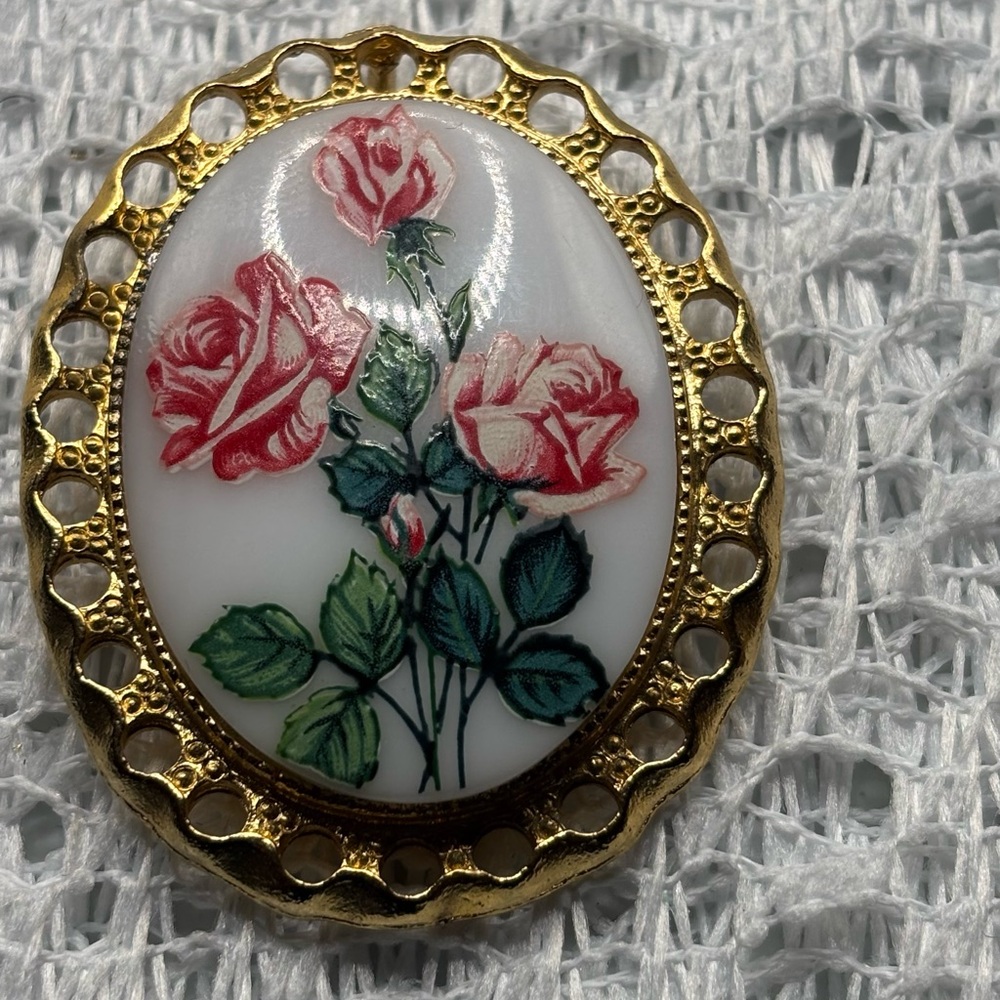 Vintage transfer painted roses on milk glass large pendant